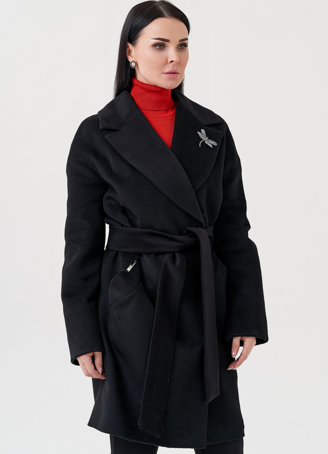 Женское пальто под пояс в черном цвете модель № 23960 универмаг малина