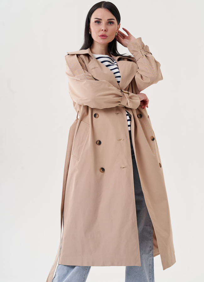 Плащ женский бежевого цвета с поясом   модель № 24475 в кредит