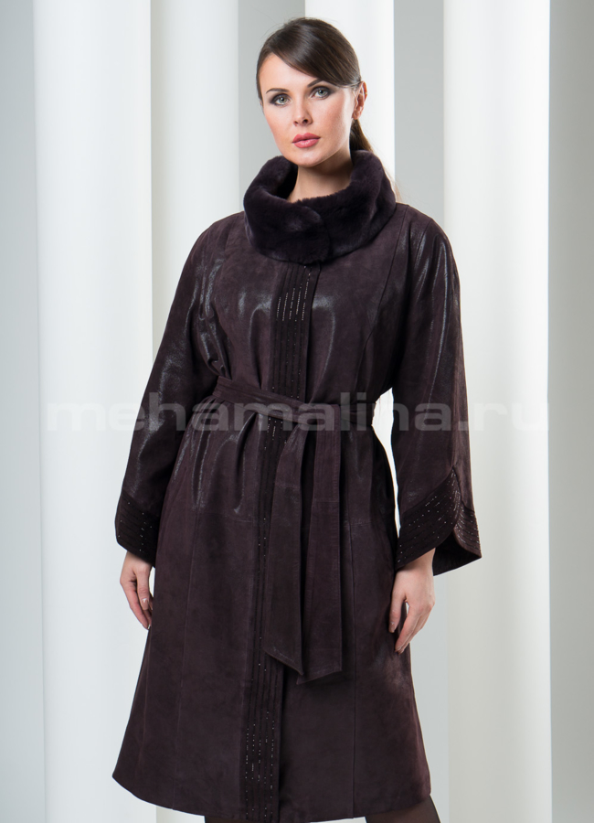 Замшевый плащ, воротник рекс модель № K-175 меха малина