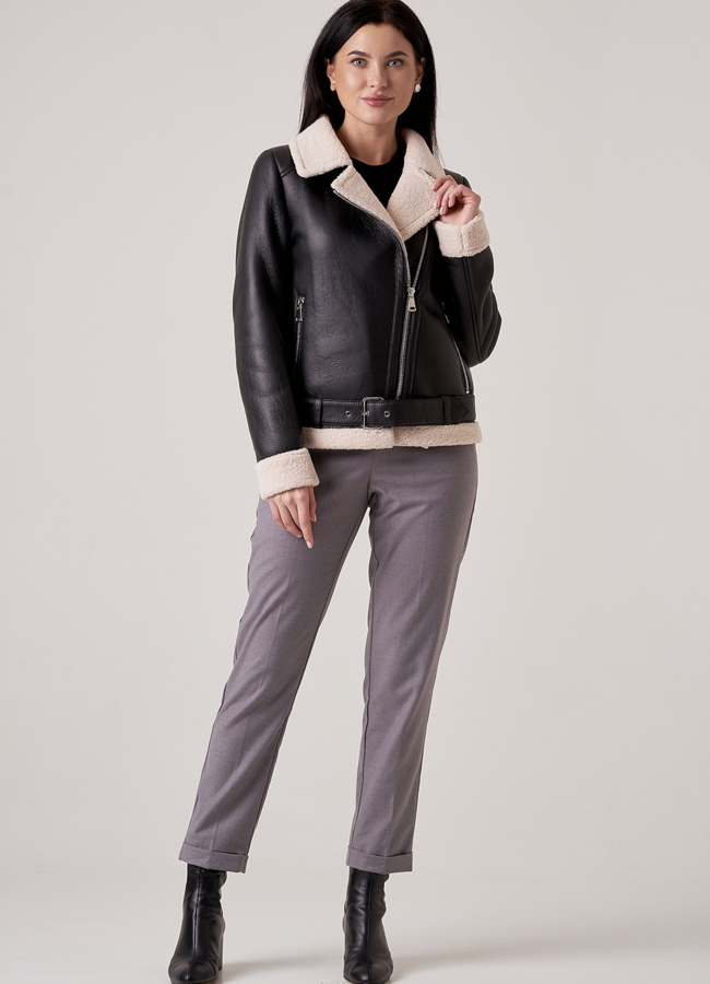 Дубленка авиатор с белым эко мехом модель № 18811 меха малина