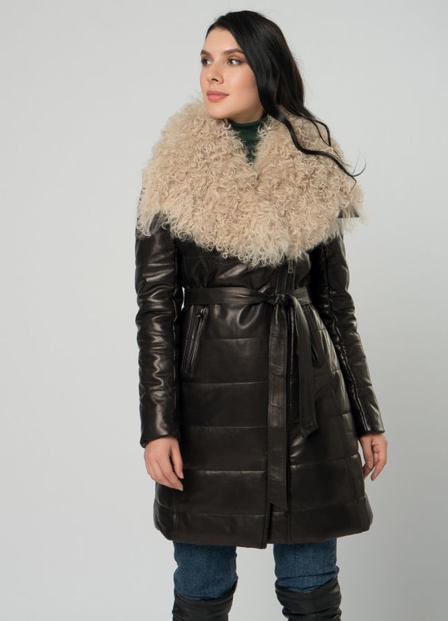 Пуховик из натуральной кожи с мехом модель № 72916 универмаг малина