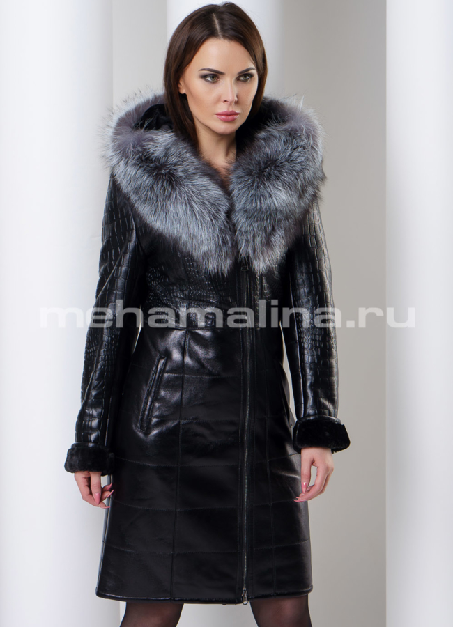 Дубленка из эко кожи с натуральной чернобуркой модель № 15002-1 универмаг малина