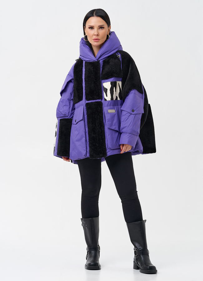 Комбинированный женский пуховик с капюшоном модель № 28374 в рассрочку