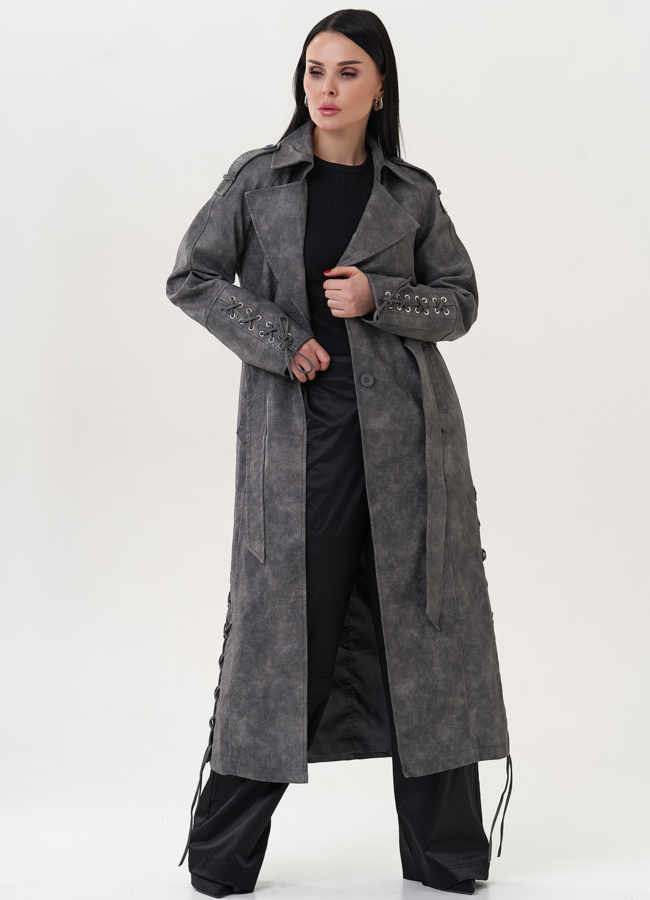 Удлиненный тренч из эко кожи с акцентной шнуровкой модель № 26807 в рассрочку