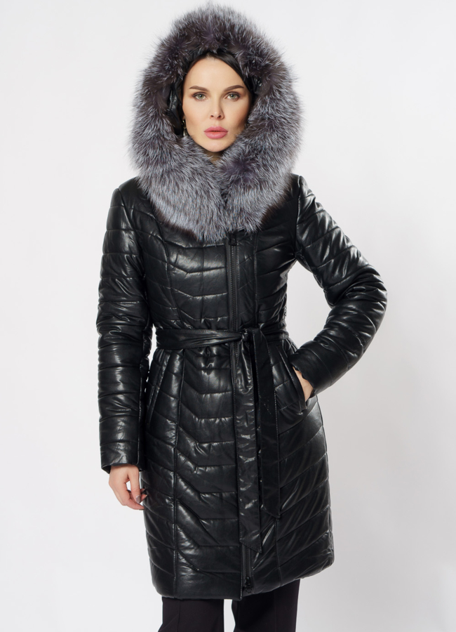 Пуховик из эко кожи черного цвета модель № 9801 универмаг малина