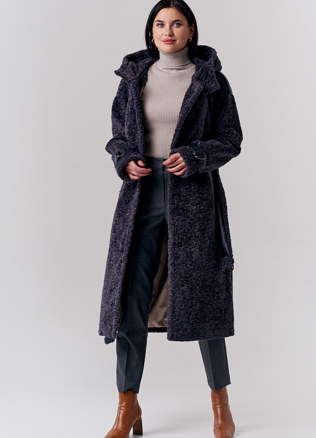 Удлиненное пальто из эко меха с капюшном серого цвета модель № 21779 универмаг малина