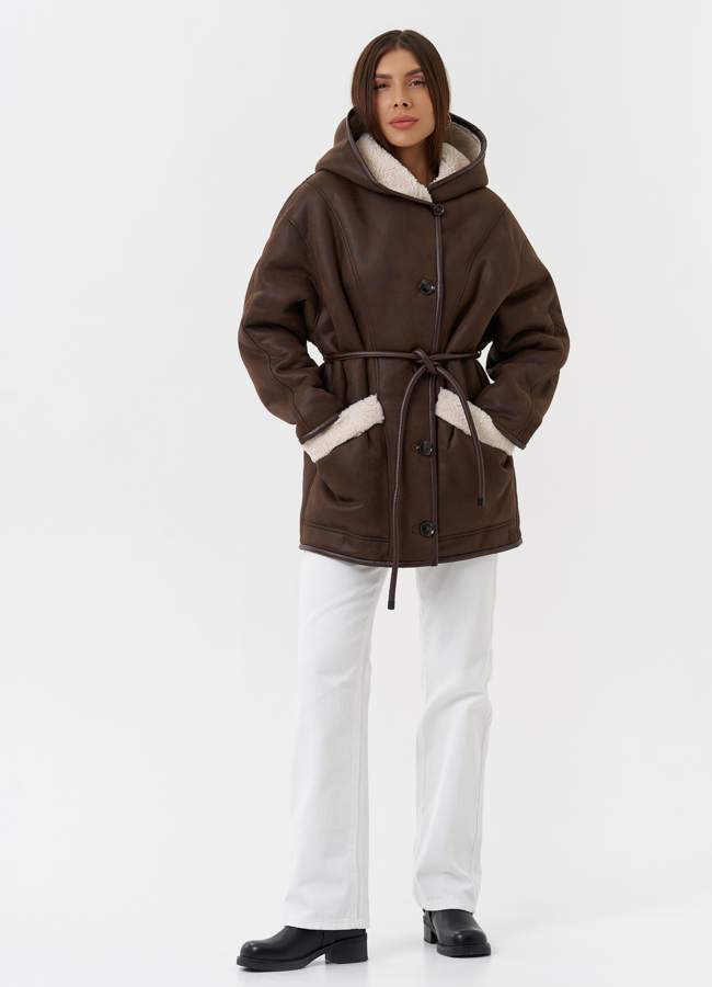 Дубленка из эко кожи с капюшоном модель № 28530 меха малина