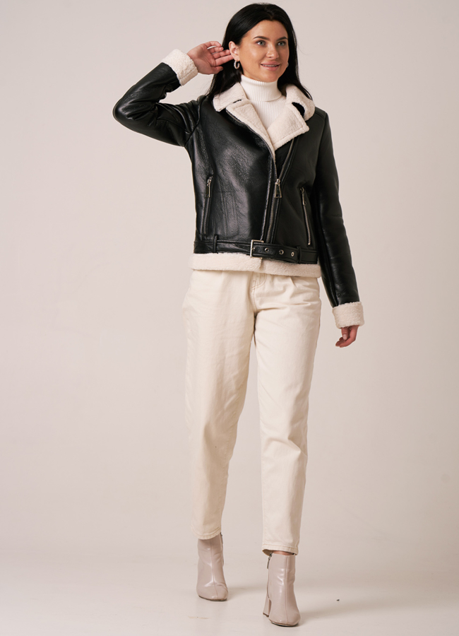 Дубленка с отделкой из белого искусственного меха модель № 2091 меха малина