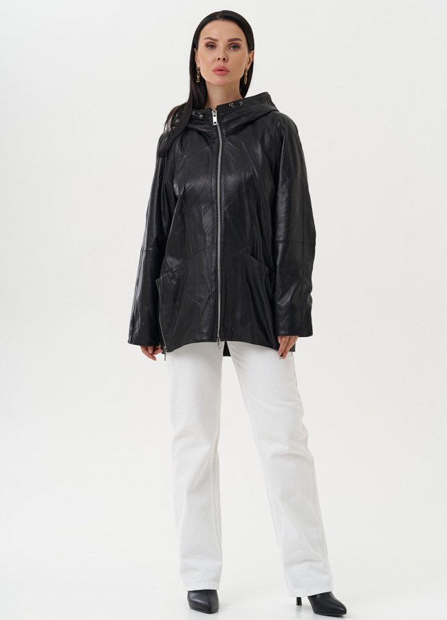 Женская кожаная куртка с капюшоном модель № 28032 меха малина