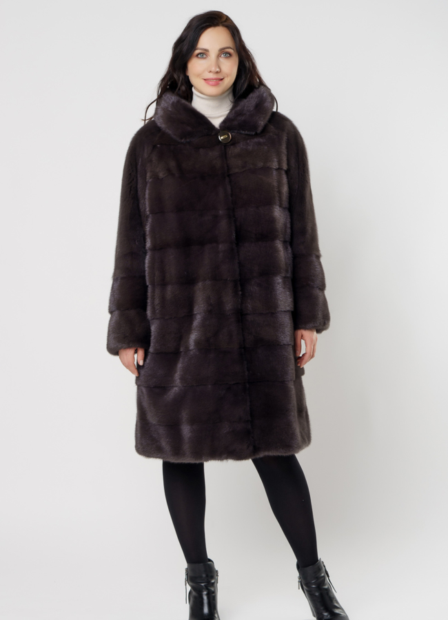 Поперечная норковая шуба в цвете уголь модель № 8010 в рассрочку