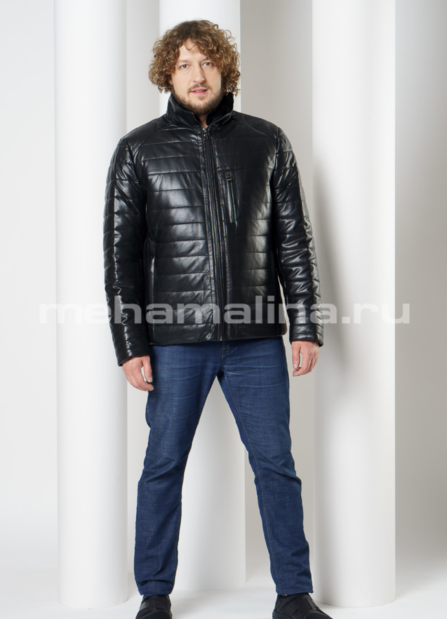 фото Пуховик из эко кожи черного цвета, на молнии, отделка овчина модель № KP-237