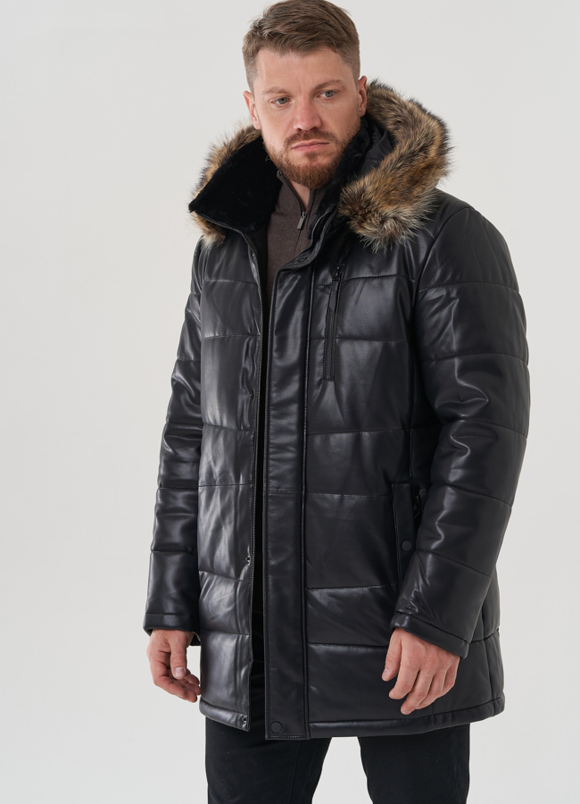 Мужской пуховик из эко кожи с капюшоном  модель № 81845 меха малина