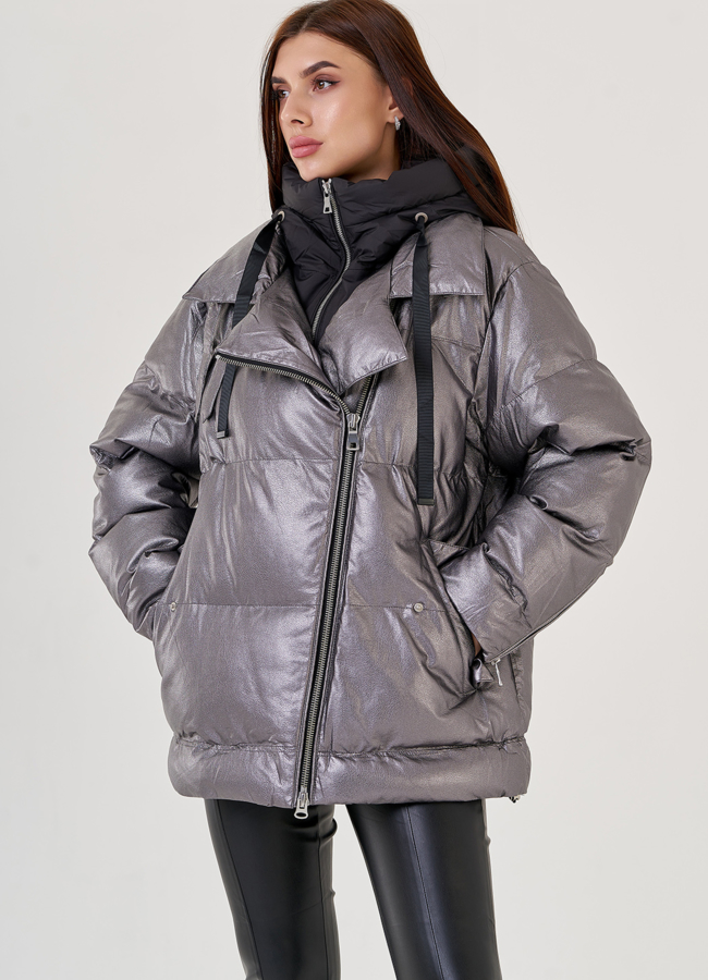 Серебристый пуховик Malina Siberian из эко кожи модель № 79214 меха малина