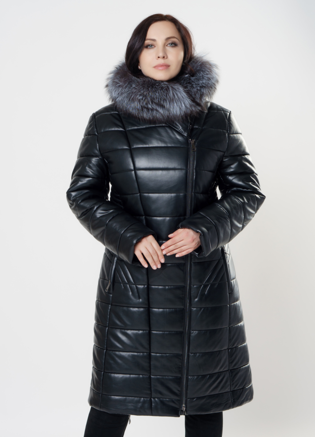 Удлиненный пуховик из эко кожи с чернобуркой модель № 8906 меха малина