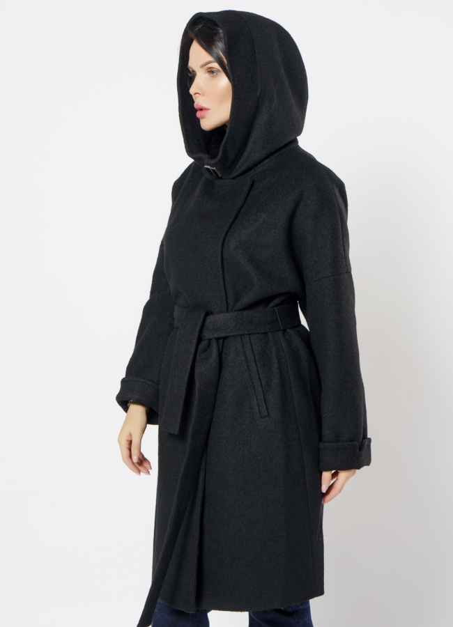 Полупальто женское в черном цвете с капюшоном модель № 21542 универмаг малина