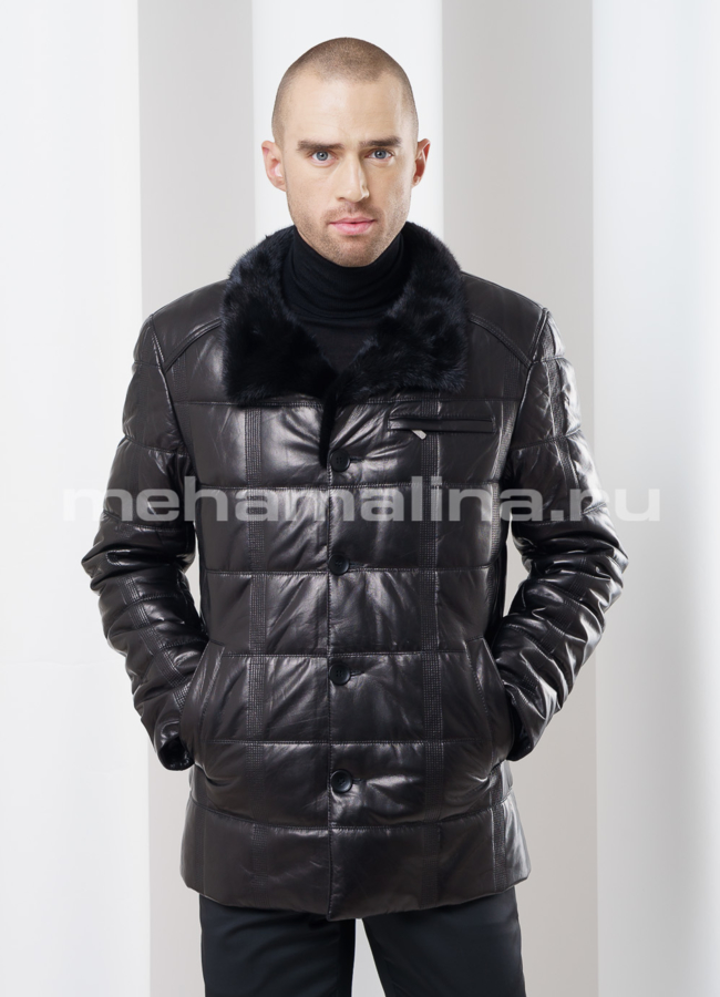 Кожаный пуховик с норкой модель № ПМ-72 универмаг малина