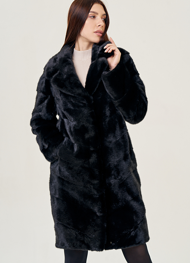 Норковая шуба с английским воротником в черном цвете модель № 23110 универмаг малина