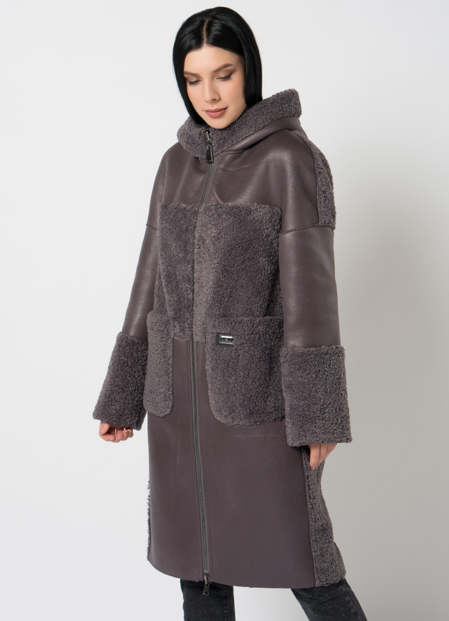 Дубленка из эко кожи комбинированная модель № 9762-1 универмаг малина