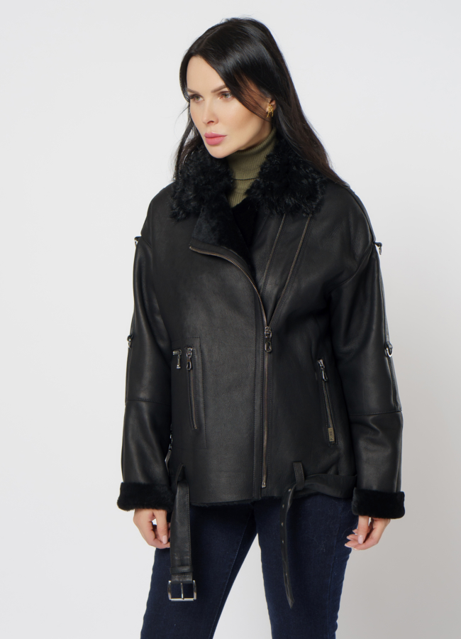 Женская дубленка из овчины черного цвета модель № 25136 в кредит