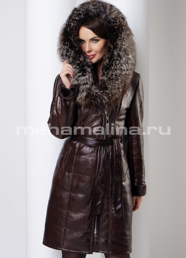 Дубленка из эко кожи коричневого цвета с натуральным мехом модель № 15002-1 в кредит