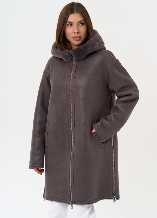 Женская двухсторонняя дубленка из эко замши с капюшоном модель № 31435 в рассрочку Женская двухсторонняя дубленка из эко замши с капюшоном модель № 31435 в рассрочку