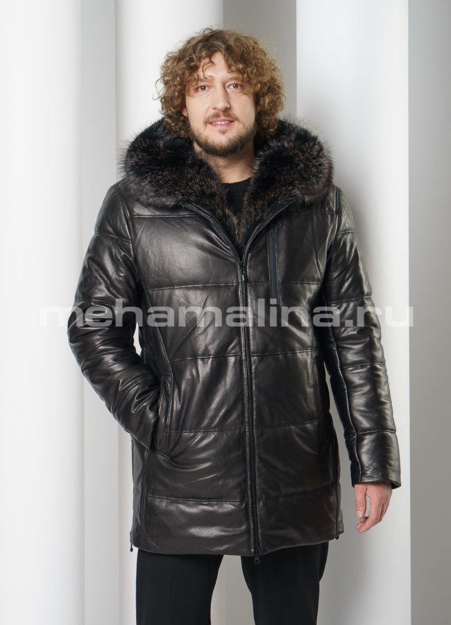 Удлиненный пуховик на молнии с капюшоном модель № ПМ-107 меха малина