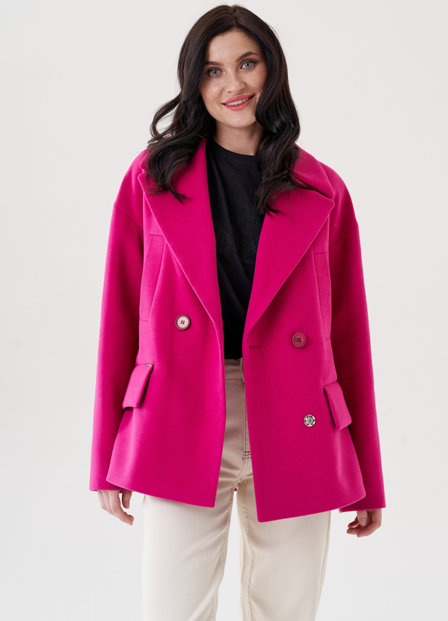 Укороченное женское пальто с английским воротником  модель № 24411 меха малина