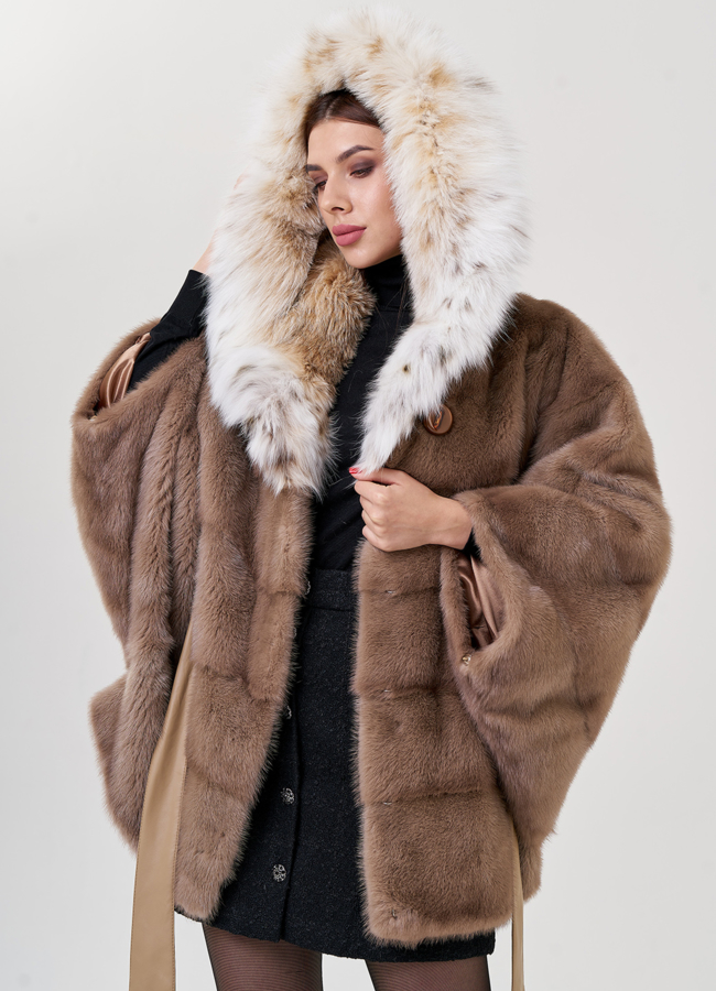 Норковая шуба в цвете пастель с рысью модель № 23306 универмаг малина