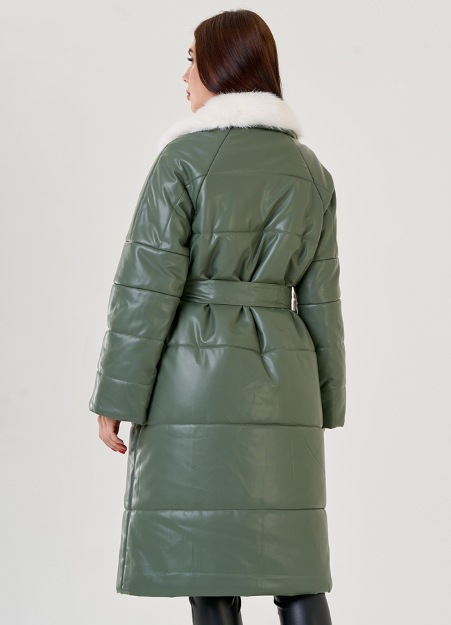 фото Женский классический пуховик Malina Siberian из эко кожи в зеленом цвете модель № 23365
