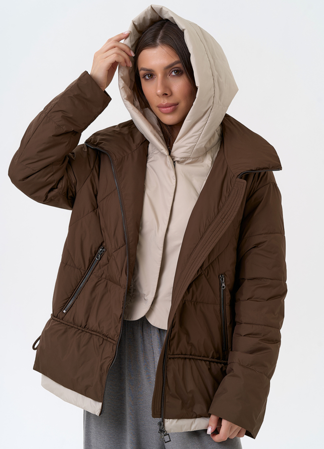 Женская куртка с контрастным капюшоном модель № 31392 меха малина