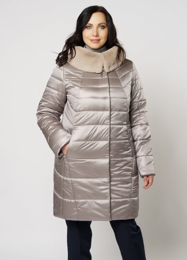 Пуховик с капюшоном на молнии в бежевом цвете модель № 7086 универмаг малина
