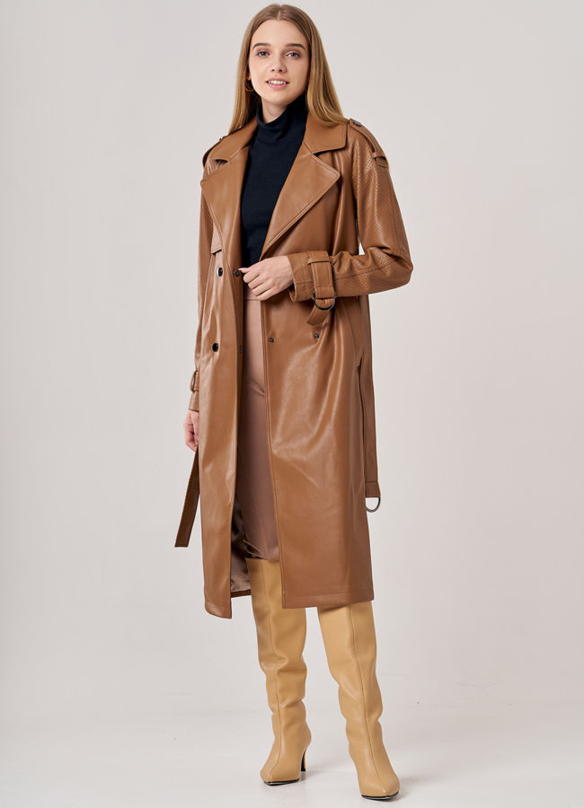 фото Коричневый тренч из искусственной кожи модель № 606