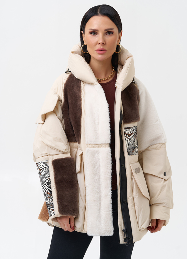 Комбинированный женский пуховик с капюшоном модель № 28376 универмаг малина