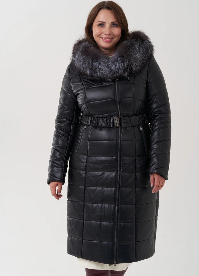 Пуховик из искусственной кожи с отделкой из натурального меха модель № 976 универмаг малина