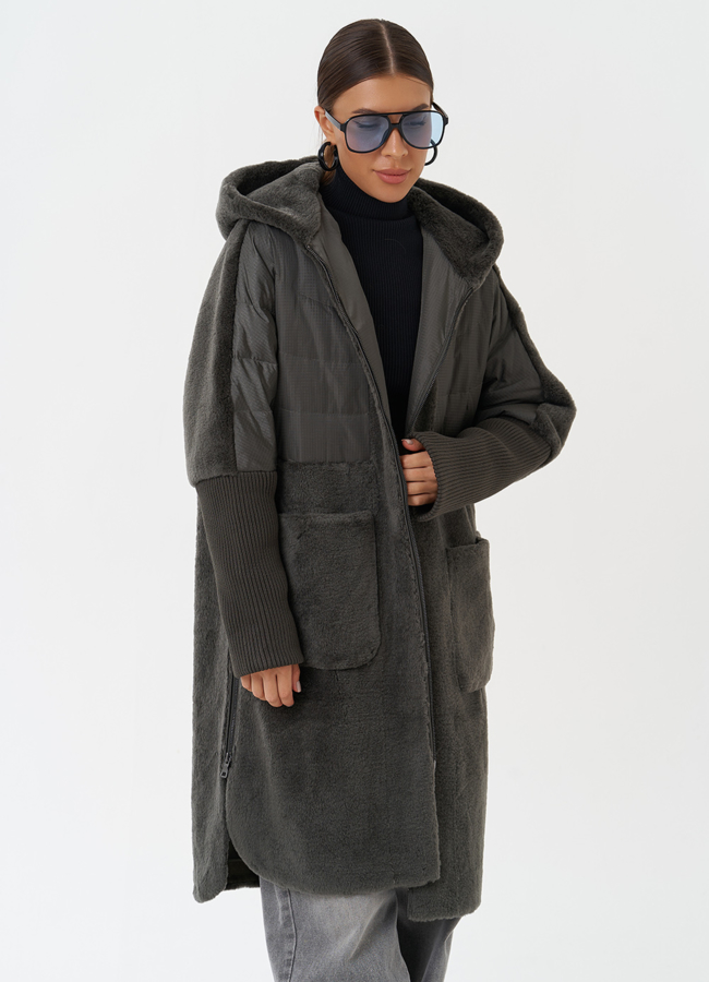 Женское утепленное пальто с капюшоном модель № 28671 меха малина