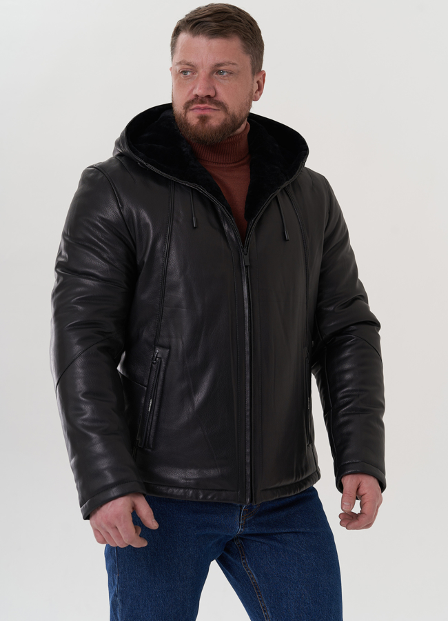 Куртка из натуральной кожи черного цвета модель № 26180 меха малина