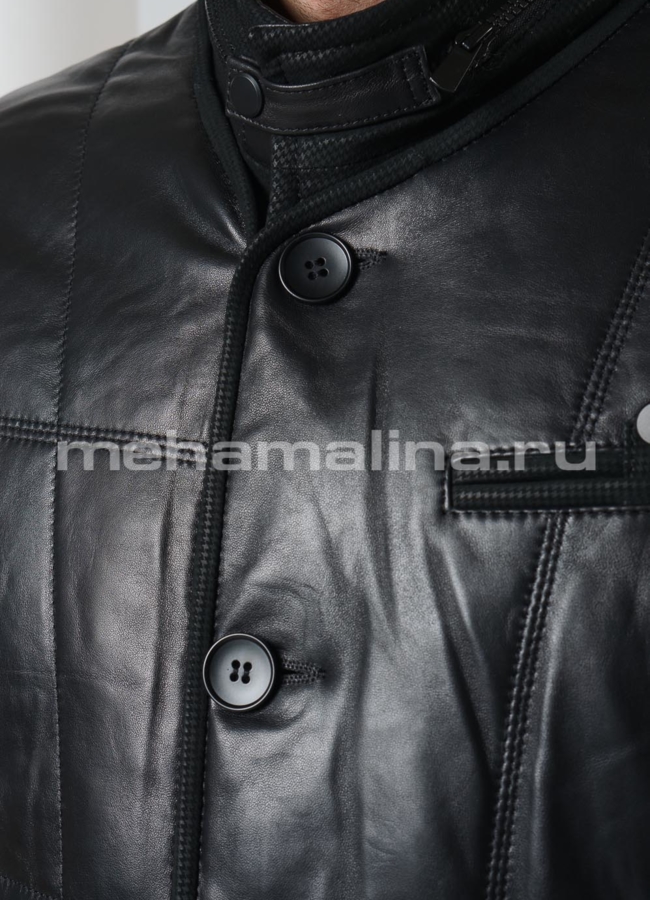 Утепленная кожаная куртка на пуговицах модель № KP-229 в рассрочку