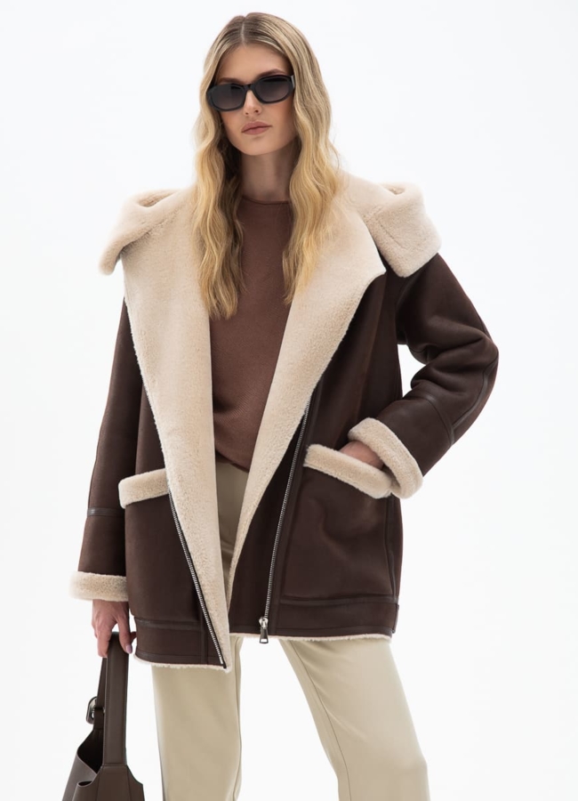 Женская удлиненная дубленка из эко кожи модель № 31870 универмаг малина