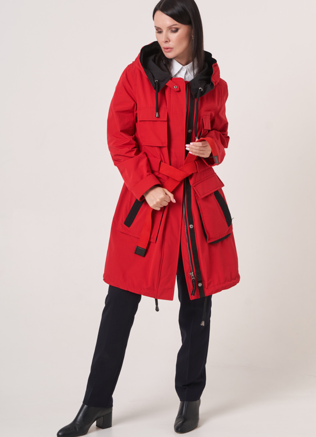 фото Красная меховая парка с капюшоном модель № 12035