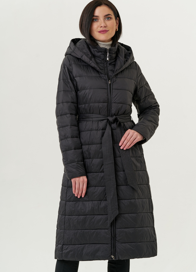 Женское удлиненное пальто с капюшоном и поясом модель № 22329 универмаг малина