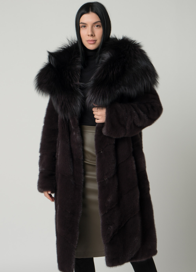 Длинная норковая шуба с капюшоном из чернобурки модель № 1603 универмаг малина