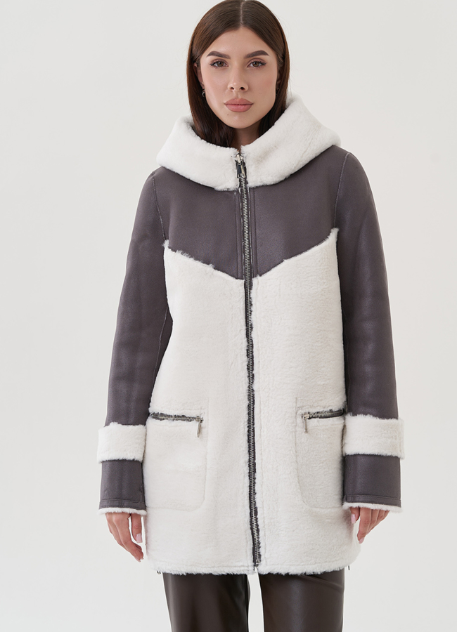 Дубленка в цвете графит с капюшоном модель № 25401 универмаг малина