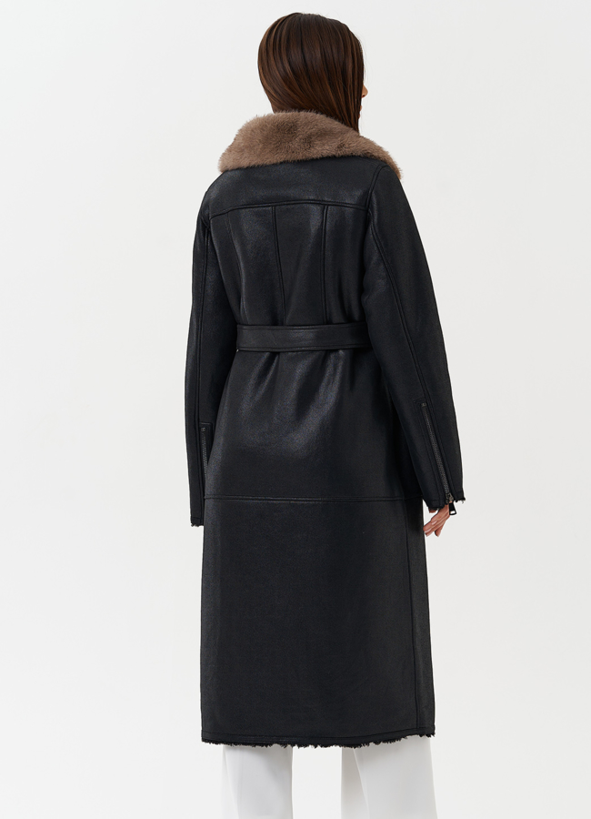 Длинная дубленка из эко кожи с английским воротником модель № 27780 универмаг малина