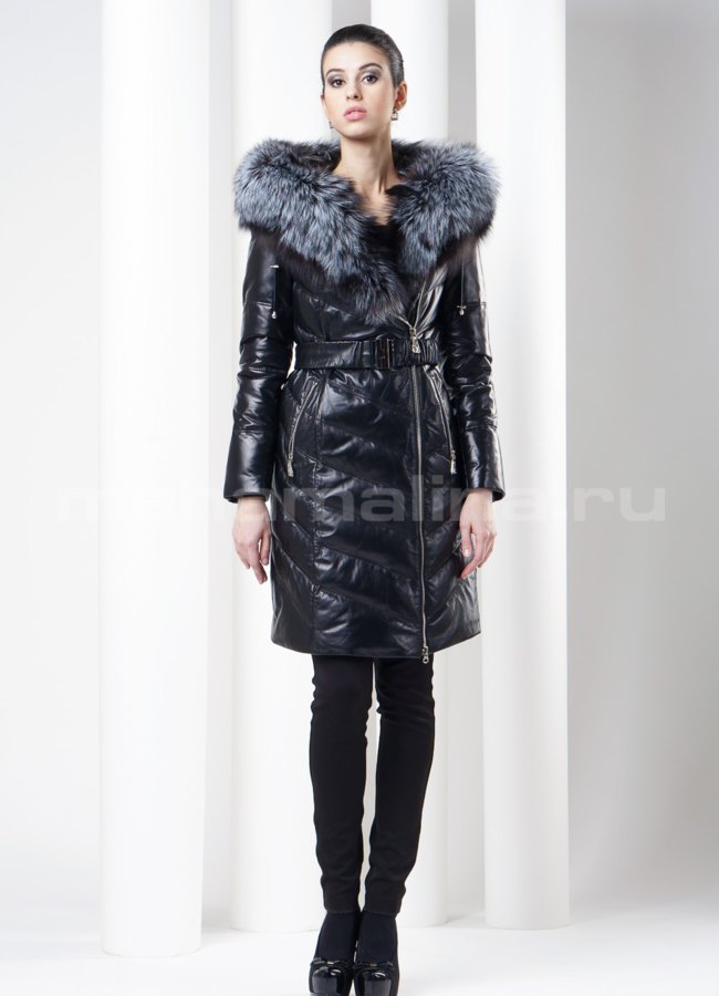 Кожаный пуховик с капюшоном модель № П-26 в кредит