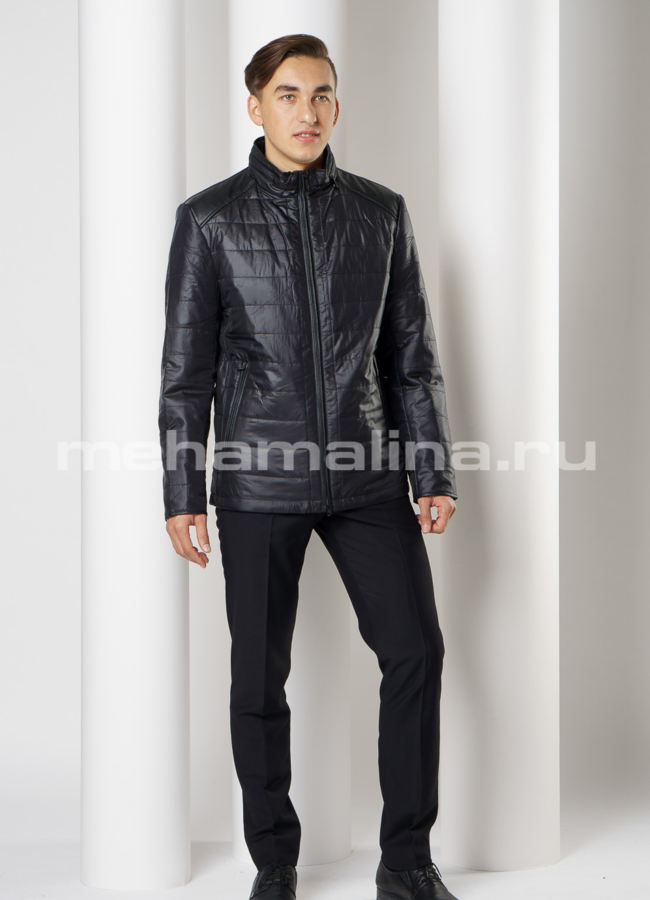Утепленная куртка из эко кожи черного цвета на молнии модель № 1919 в кредит