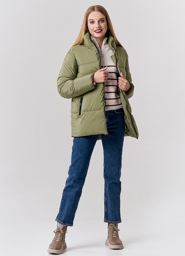 Пуховик женский зеленого цвета с поясом-сумкой модель № 21840 универмаг малина