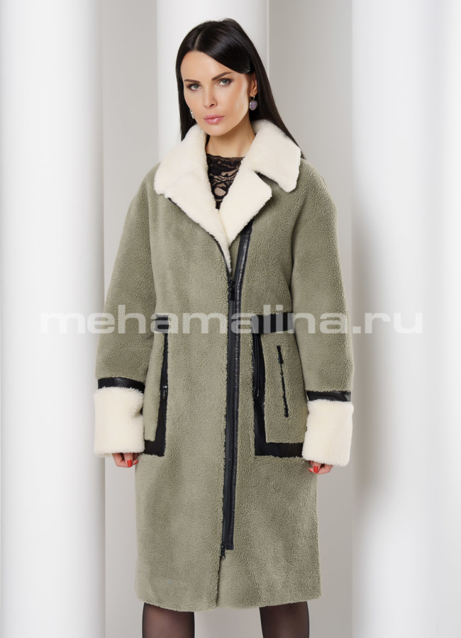 Шуба из овечьей шерсти с отложным воротником на молнии модель № 9178 меха малина