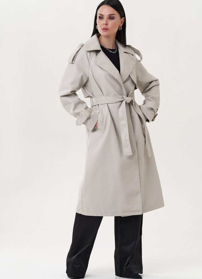 Тренч из эко кожи серого цвета модель № 26738 меха малина