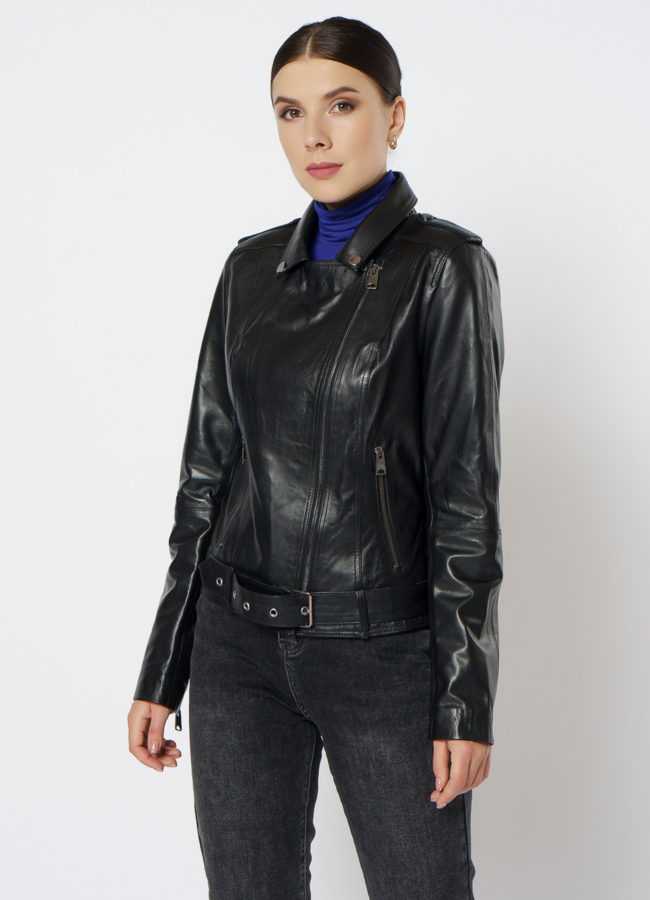 Кожаная куртка с поясом модель № 21608 универмаг малина