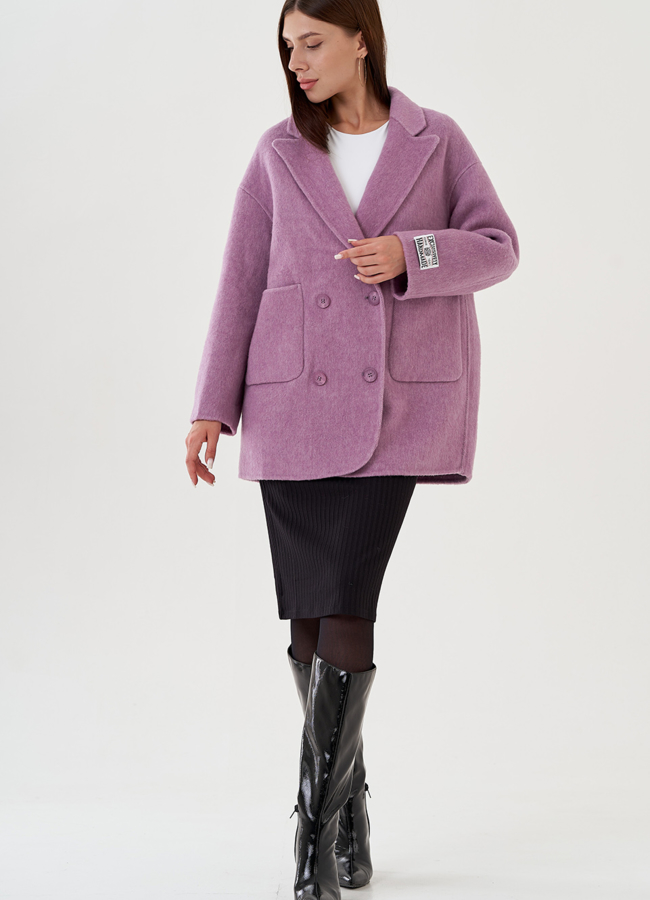 фото Пальто женское оверсайз сиреневого цвета модель № 81427